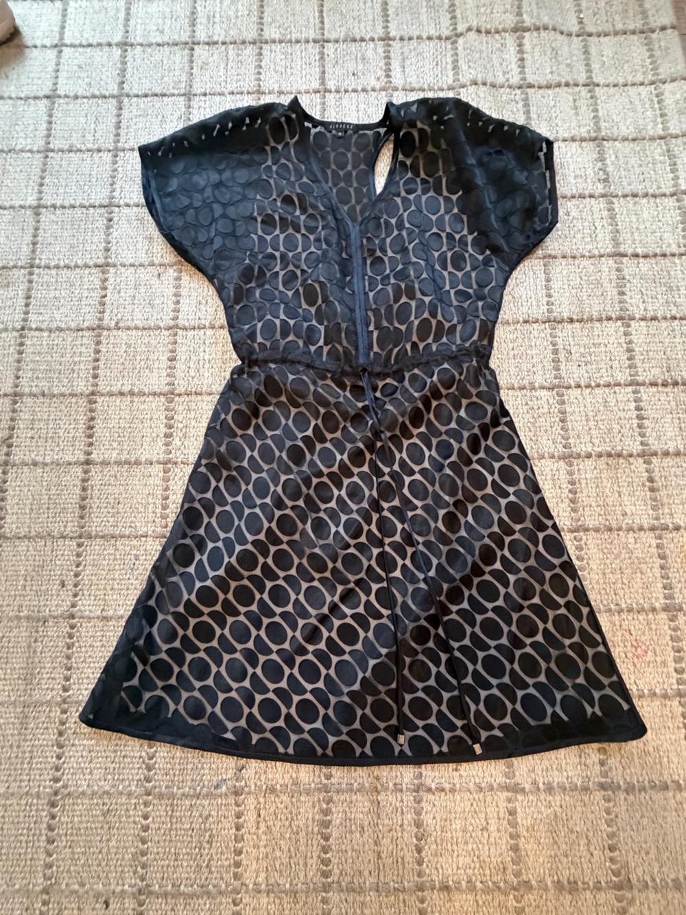 Sheer Polka-Print Black Satin Chemise with Tie Waist